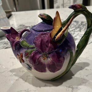Blue Sky Purple and Green Floral Ceramic Teapot